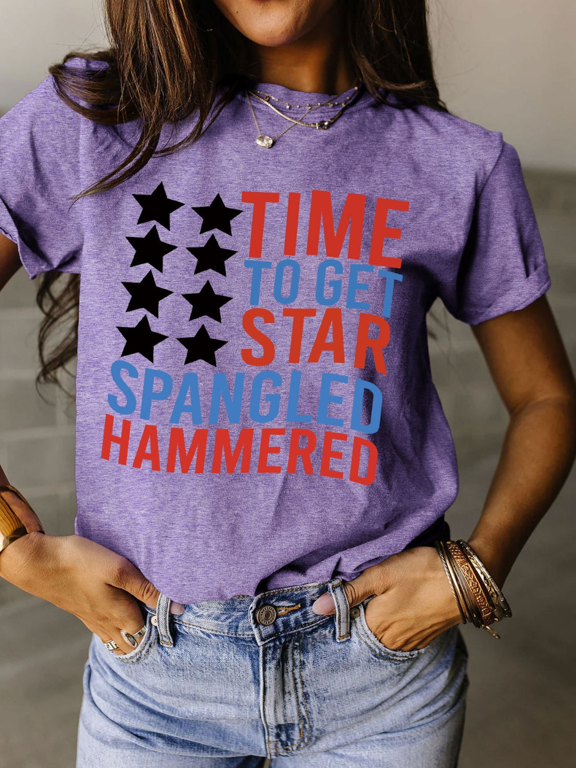 Full Size - 'Time to get Star Spangle Hammered' Letter Graphic Round Neck Short Sleeve T-Shirt - T - 12 COLORS -