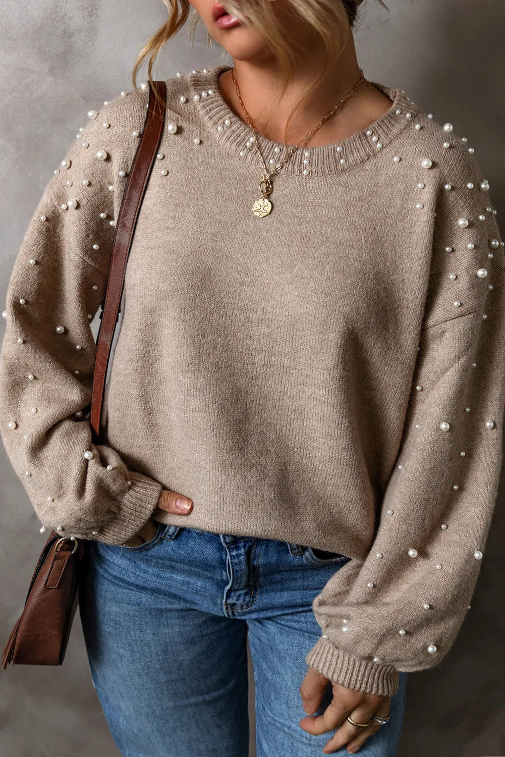 Plus Size Pearl Detail Round Neck Long Sleeve Sweater - 1XL THRU 4XL ONLY - T - 1 COLOR -