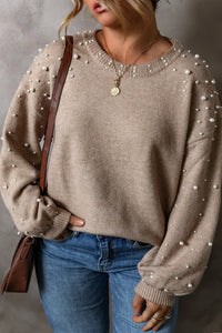 Thumbnail for Plus Size Pearl Detail Round Neck Long Sleeve Sweater - 1XL THRU 4XL ONLY - T - 1 COLOR -