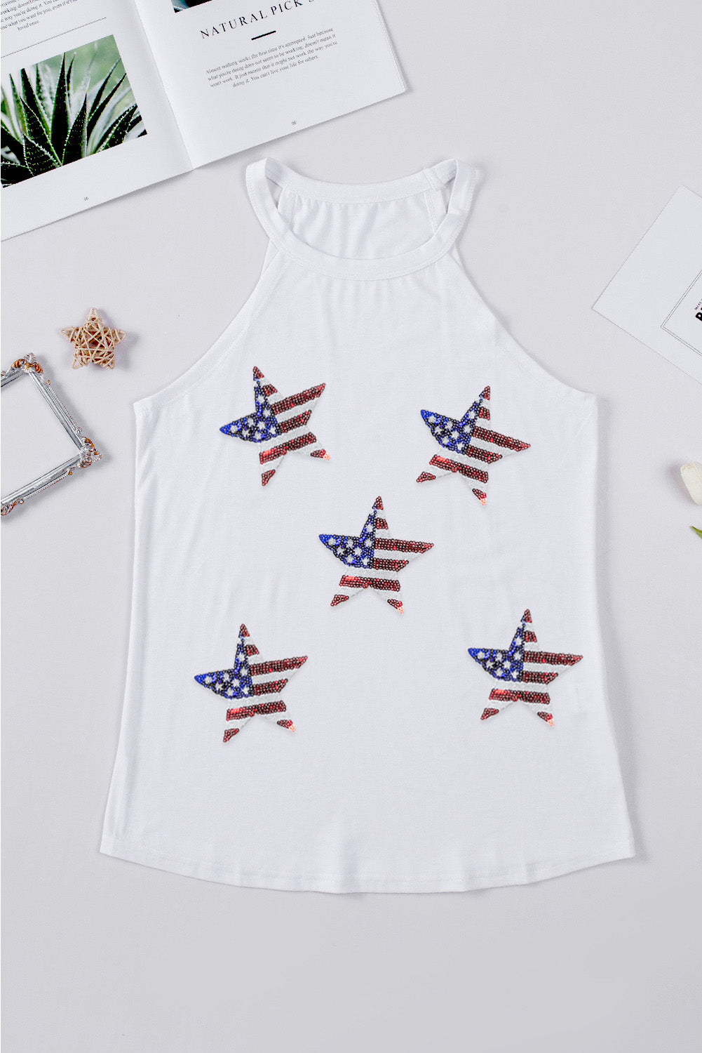 Sequin US Flag Star Neck Tank - T - 1 COLOR -