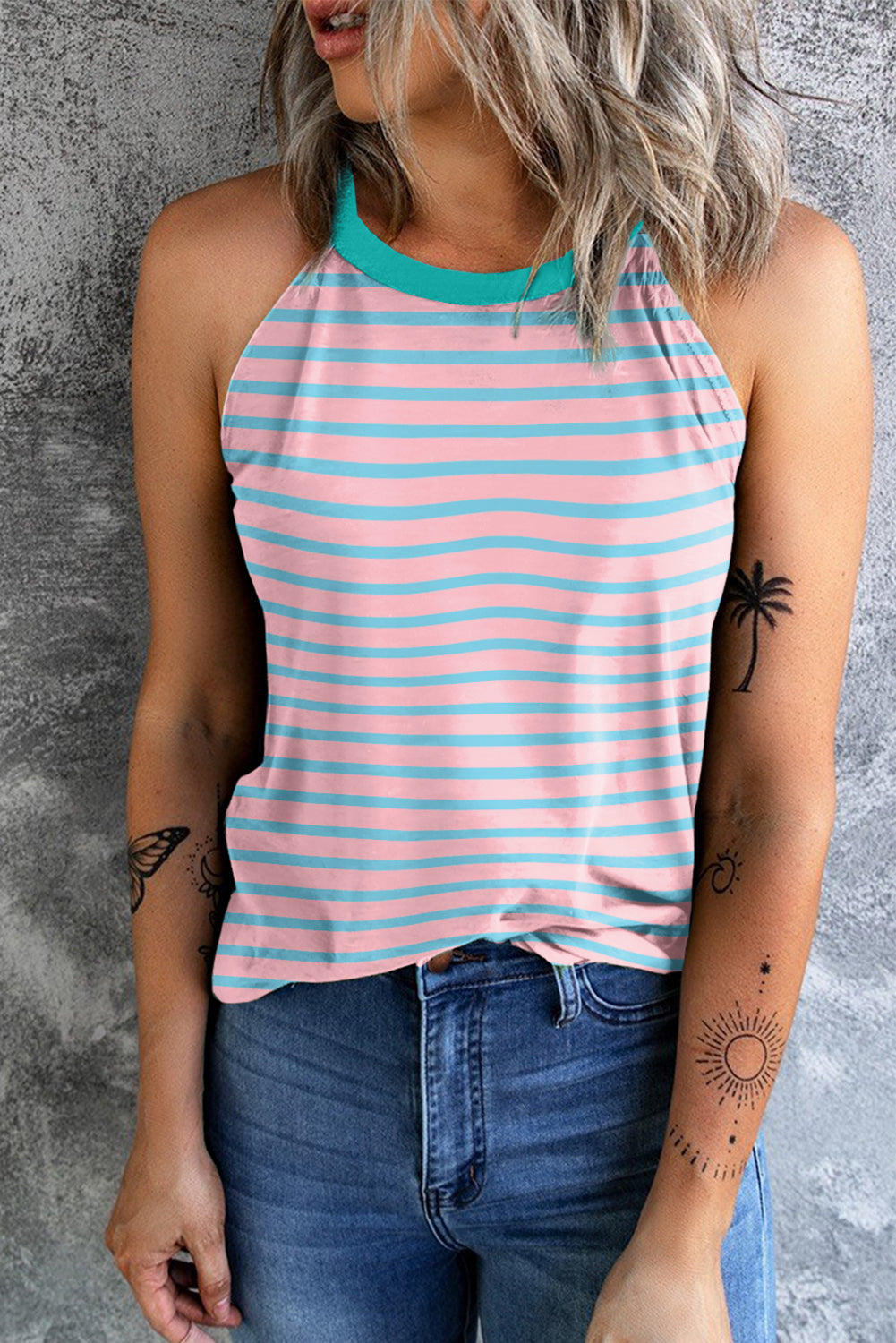 Striped Round Neck Tank - T - 1 COLOR -