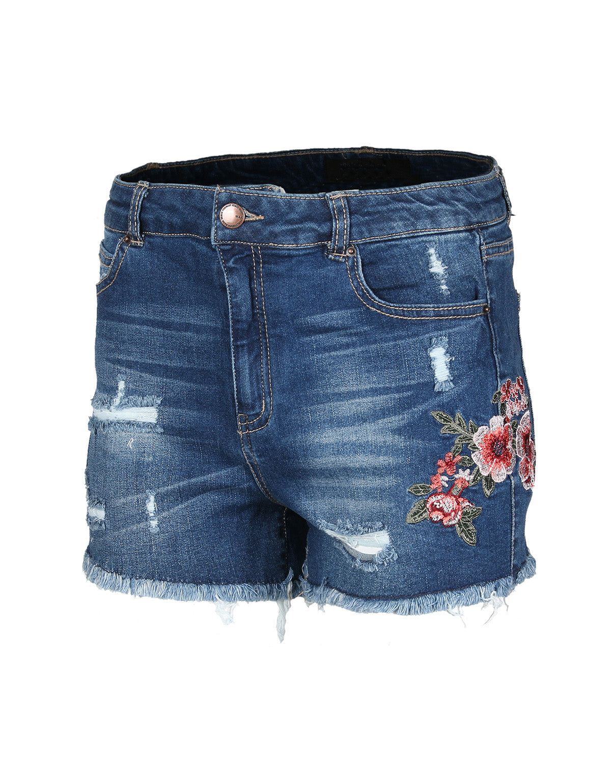 Mid Rise Distressed Floral Denim Shorts - 3 SIZES -