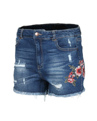 Thumbnail for Mid Rise Distressed Floral Denim Shorts - 3 SIZES -