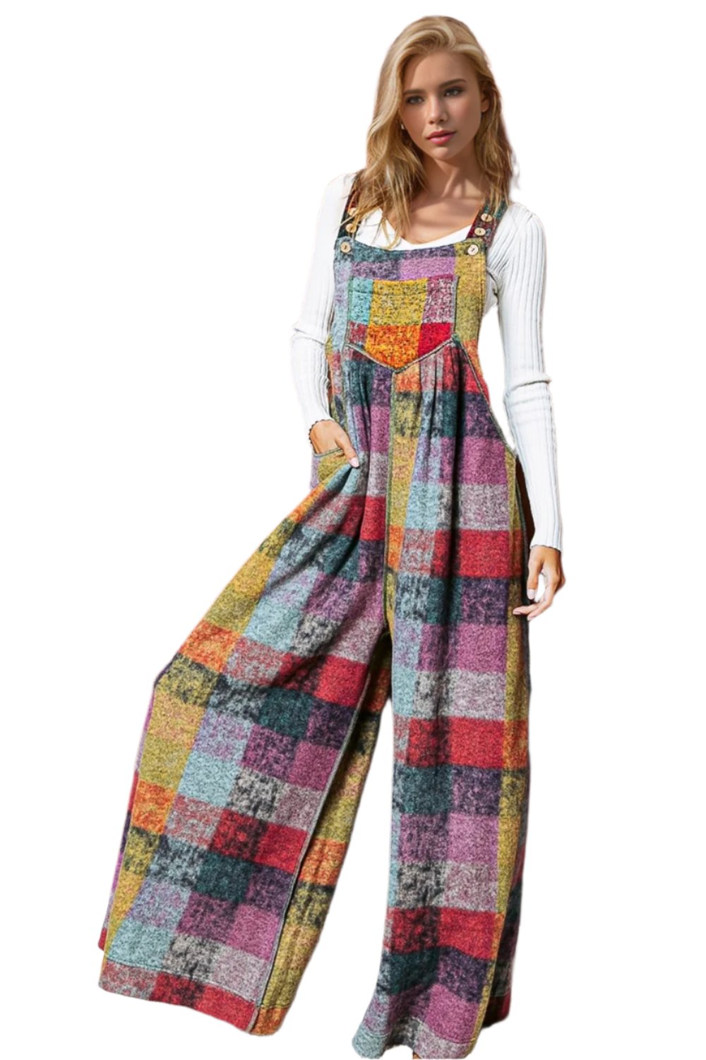 Double Take Full Size Plaid Sleeveless Wide Leg Jumpsuit