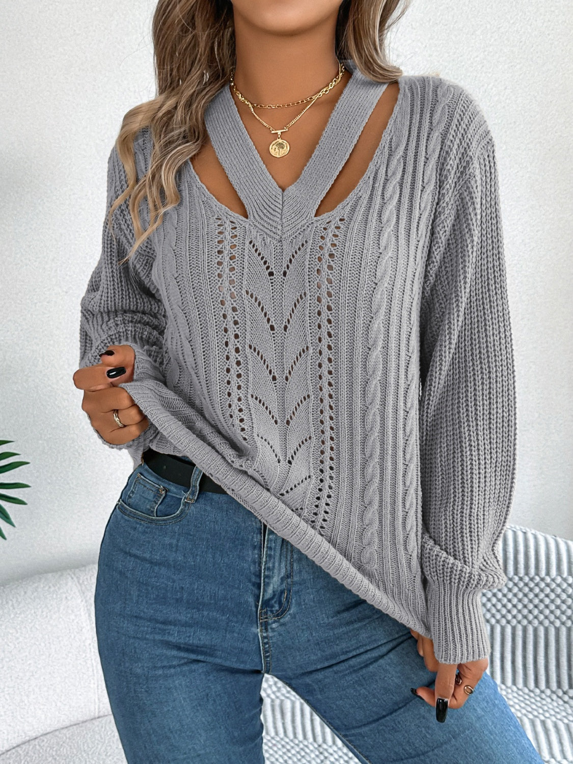 Cutout V-Neck Long Sleeve Sweater - T - 3 COLORS -