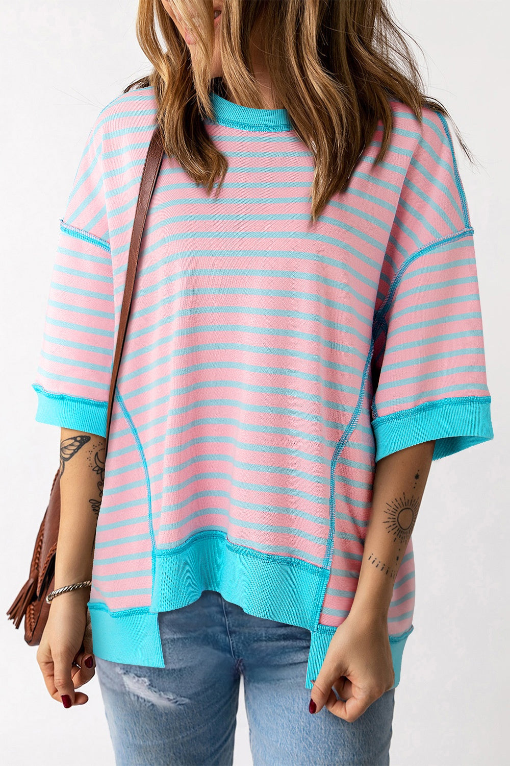 Striped Round Neck Half Sleeve T-Shirt - T - 1 COLOR -