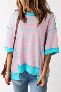 Thumbnail for Striped Round Neck Half Sleeve T-Shirt - T - 1 COLOR -