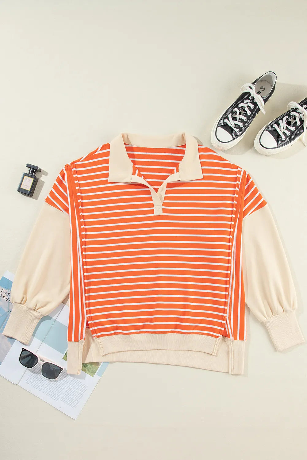 Slit Striped Long Sleeve Sweatshirt - T - 1 COLOR -