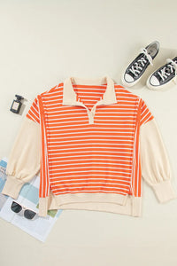 Thumbnail for Slit Striped Long Sleeve Sweatshirt - T - 1 COLOR -