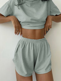 Thumbnail for Striped Round Neck Top and Shorts Set - 2 PCS. - T - 3 COLORS -