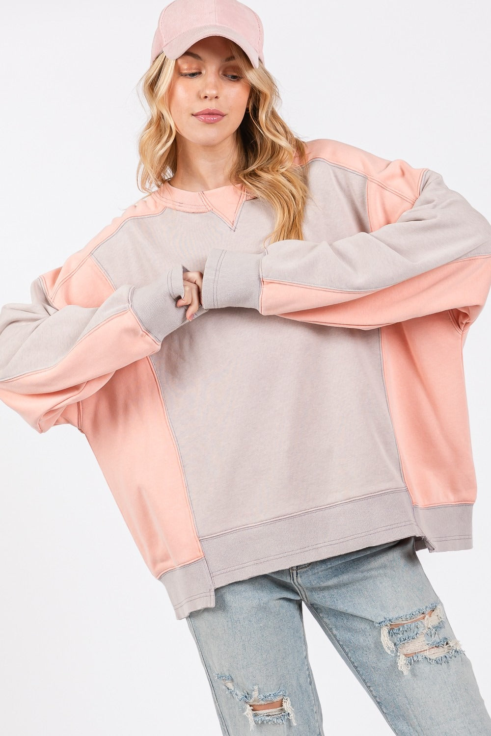 SAGE + FIG Color Block Round Neck Sweatshirt - T - 1 COLOR -