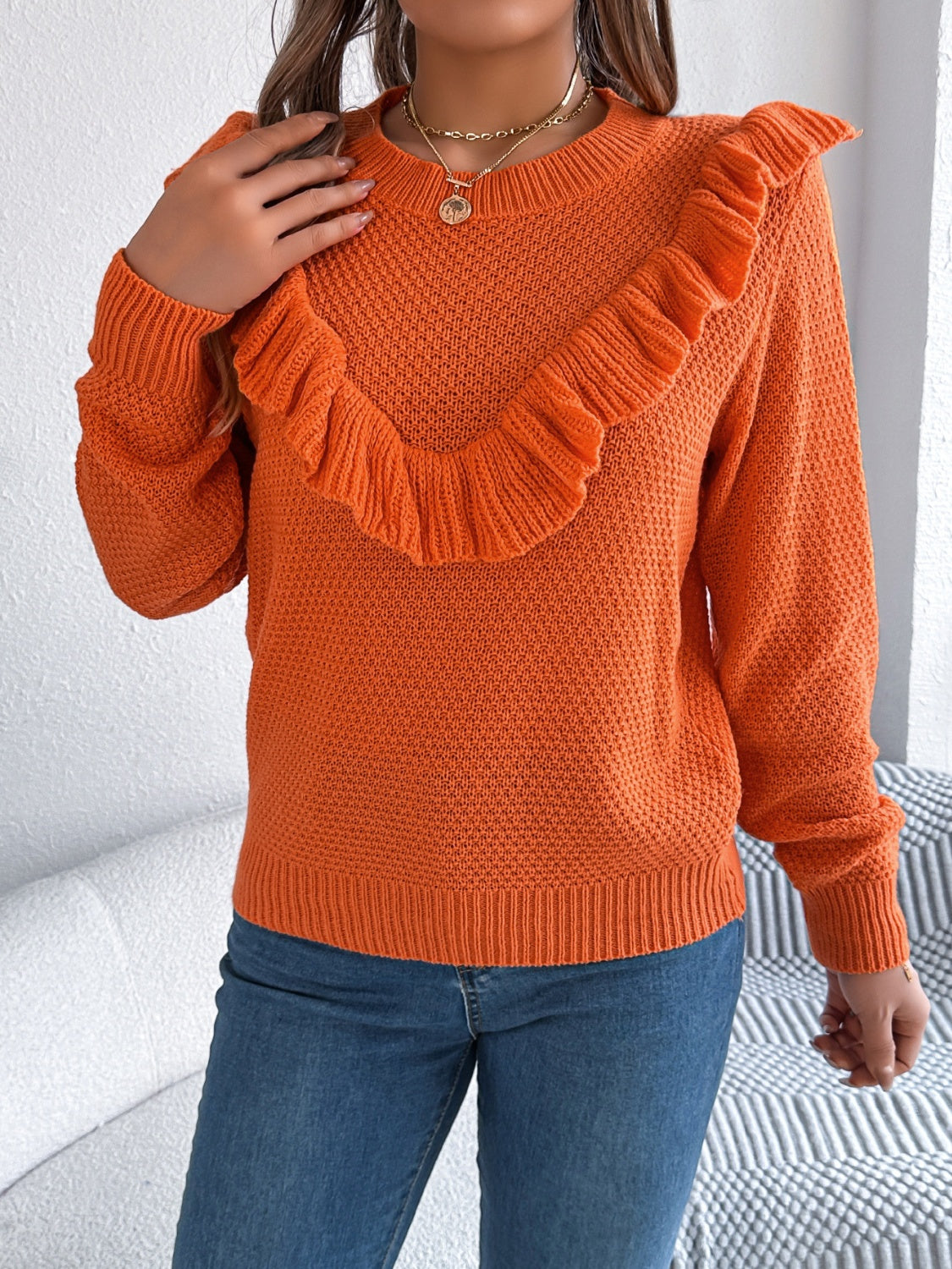 Ruffled Round Neck Long Sleeve Sweater - T - 1 COLOR -