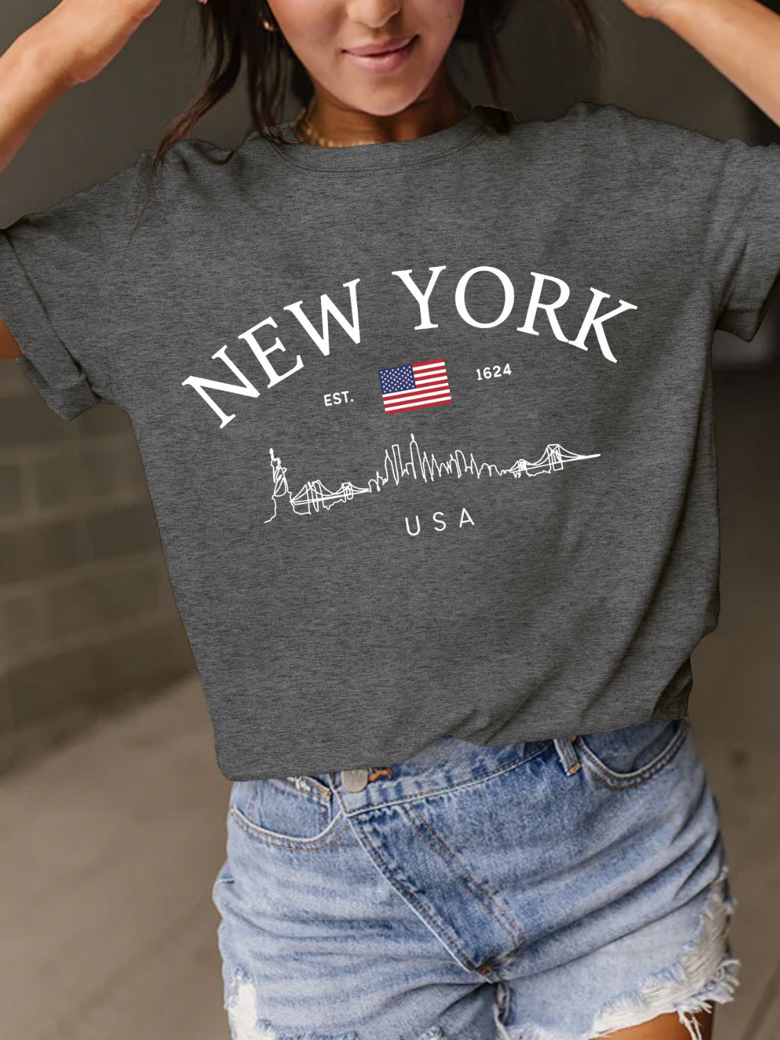 New York Skyline Letter Graphic Round Neck Short Sleeve T-Shirt - 10 COLORS -