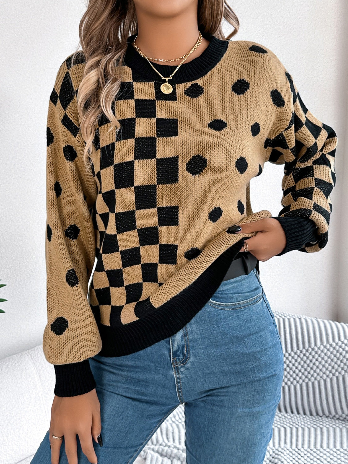 Plaid Round Neck Long Sleeve Sweater - T - 3 COLORS -