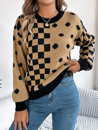 Thumbnail for Plaid Round Neck Long Sleeve Sweater - T - 3 COLORS -