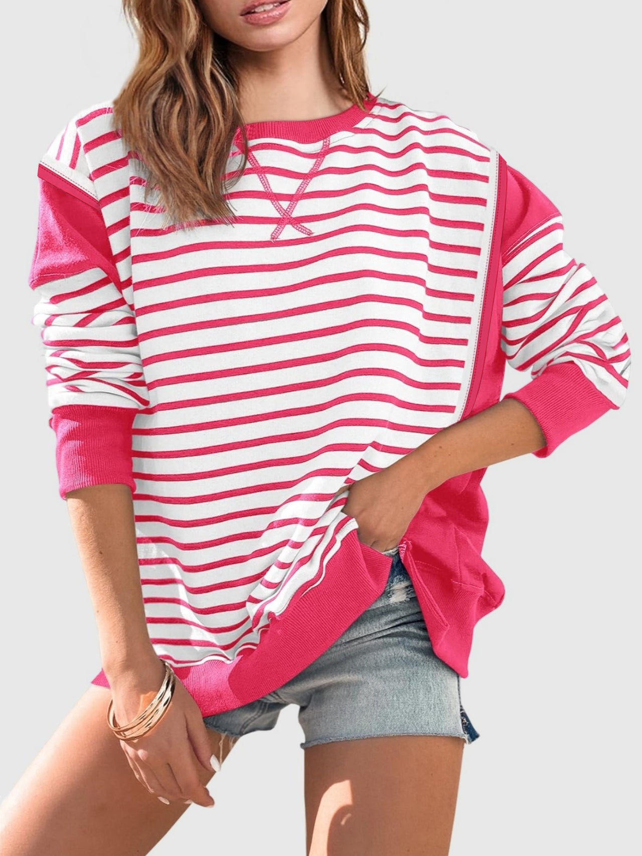 Slit Exposed Seam Striped Long Sleeve Sweatshirt - T - 8 COLORS -