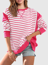 Thumbnail for Slit Exposed Seam Striped Long Sleeve Sweatshirt - T - 8 COLORS -