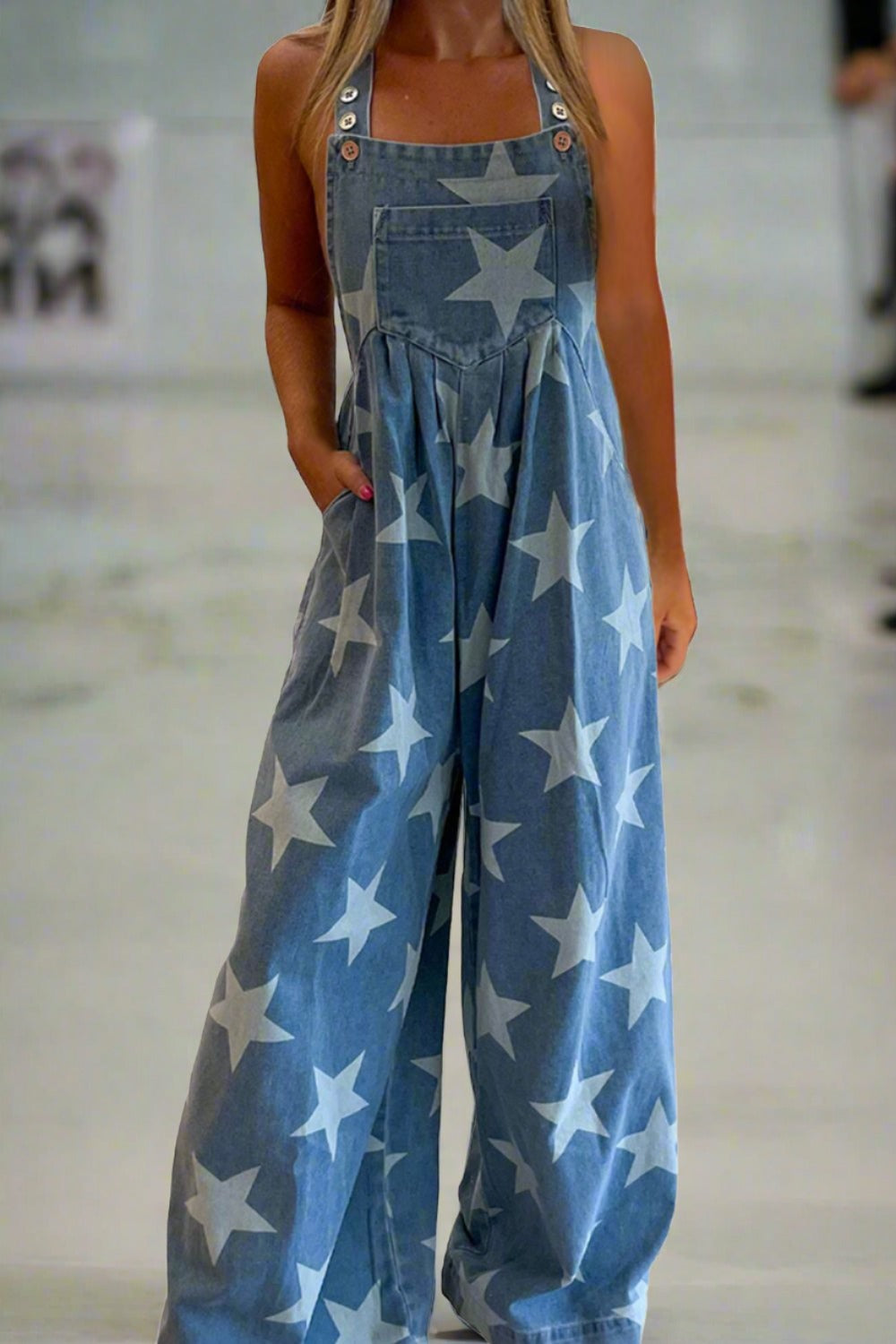 Star Square Neck Wide Leg Denim Overalls - T - 1 COLOR -