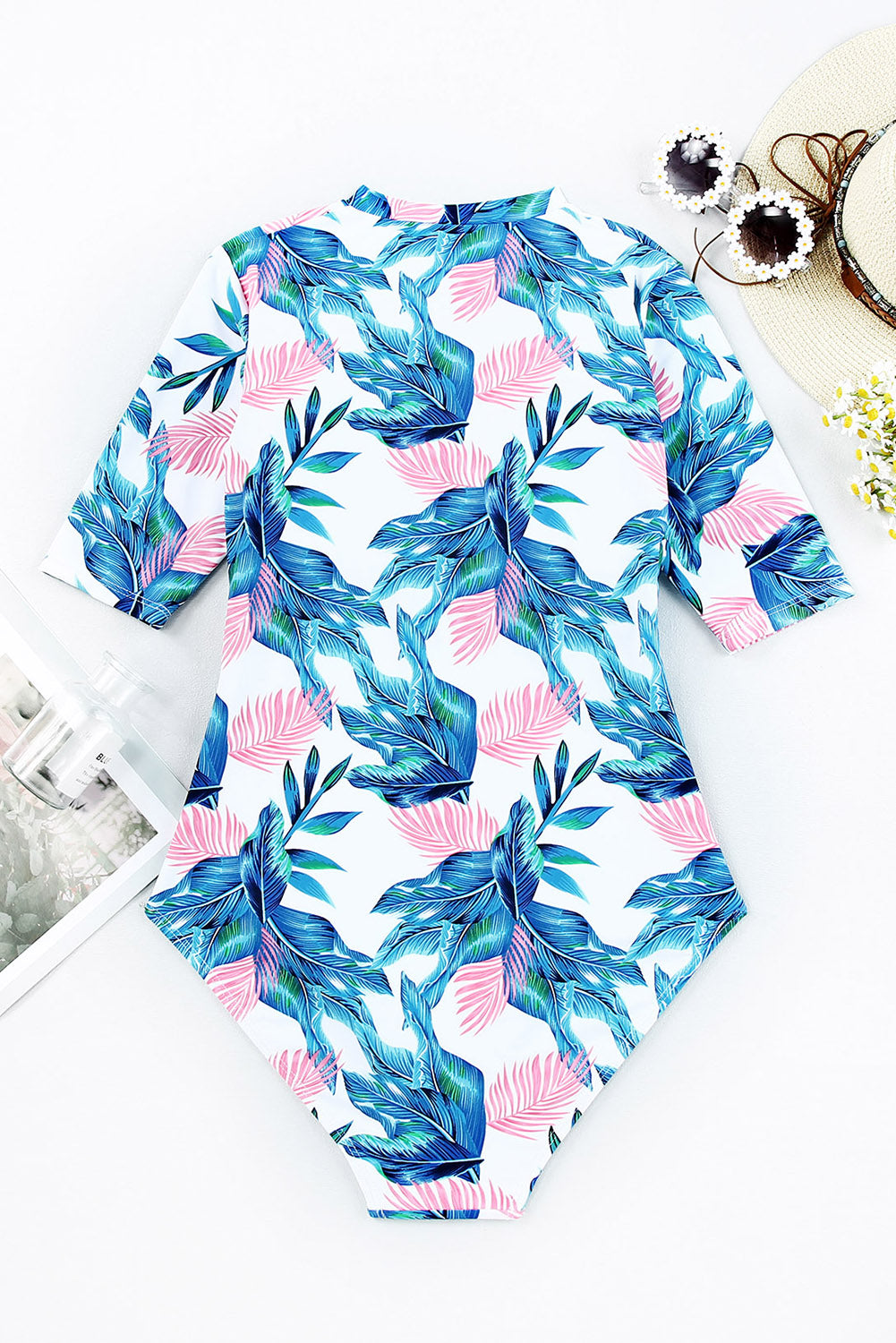 Printed Notched Half Sleeve One-Piece Swimwear - T - 1 COLOR -