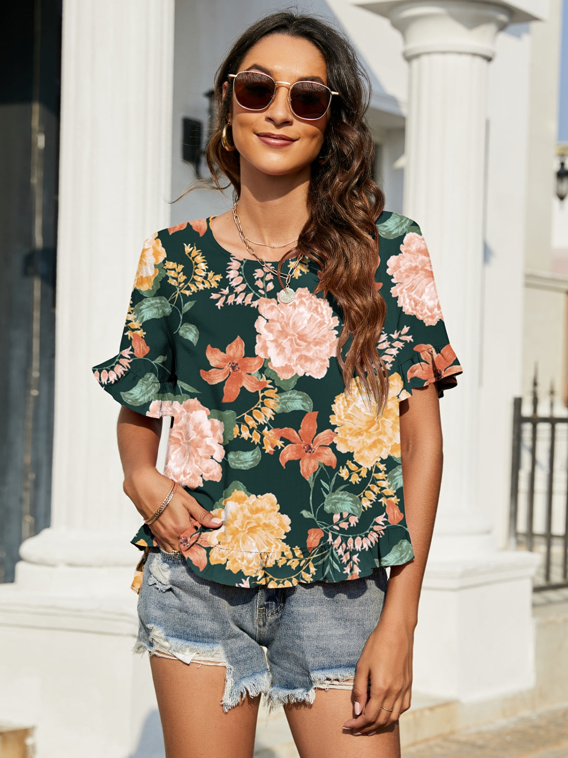 Double Take Floral Ruffled Short Sleeve Blouse - T - 1 COLOR -