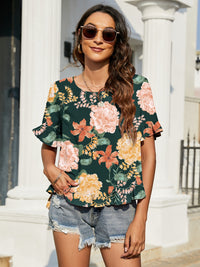 Thumbnail for Double Take Floral Ruffled Short Sleeve Blouse - T - 1 COLOR -