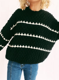 Thumbnail for Contrast Stripes Round Neck Long Sleeve Sweater - T - 2 COLORS -