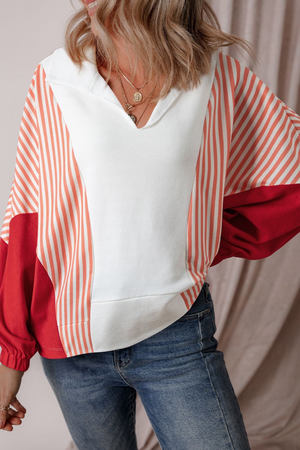 Striped Johnny Collar Long Sleeve Sweatshirt - T - 1 COLOR -