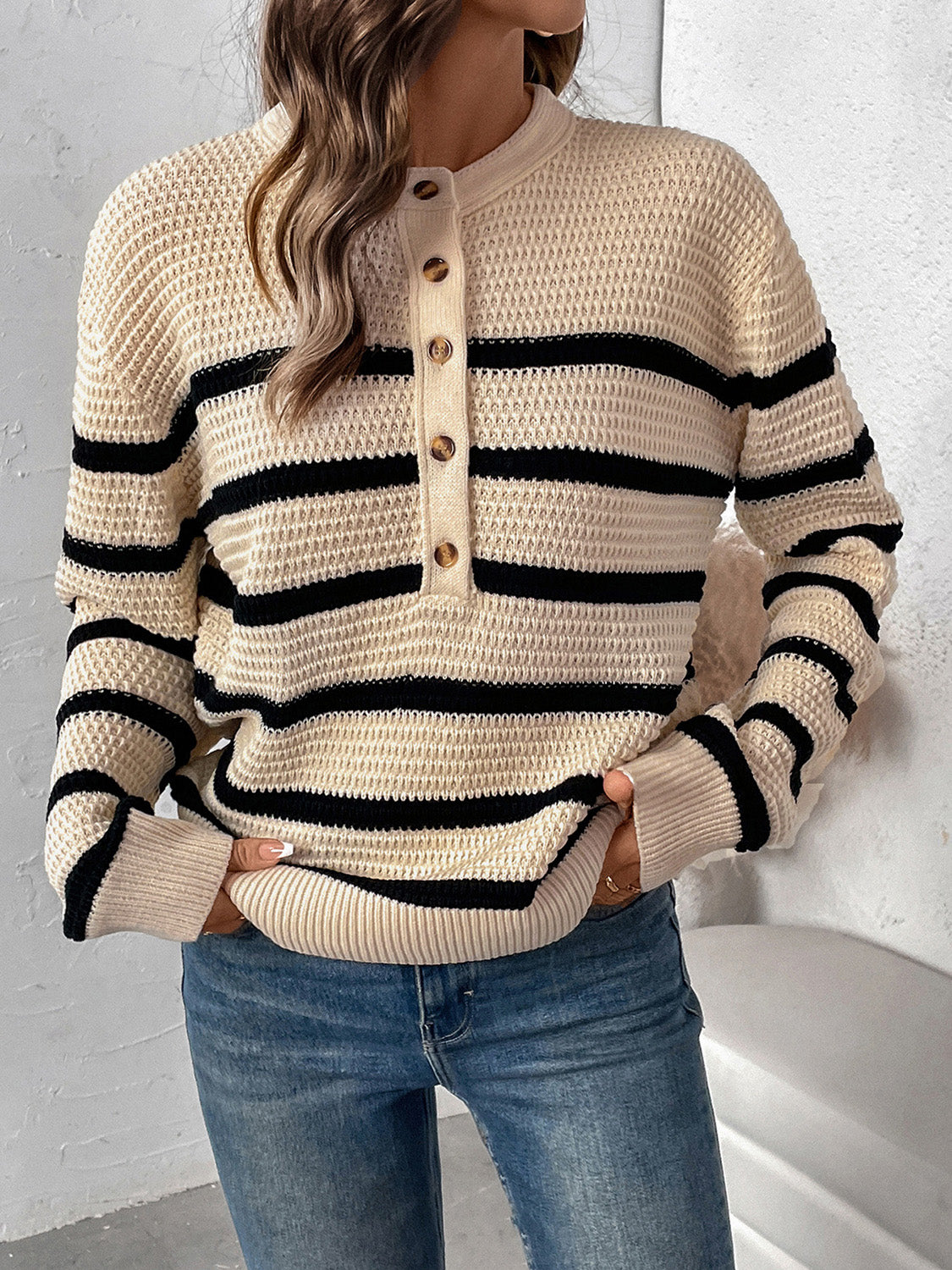 Perfee Striped Half Button Long Sleeve Sweater - T - 1 COLOR -