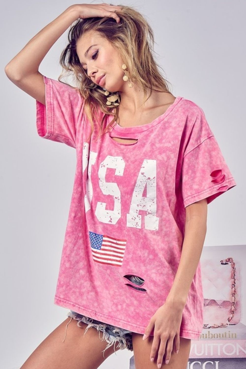 BiBi Washed American Flag Graphic Distressed T-Shirt - T - 1 COLOR -