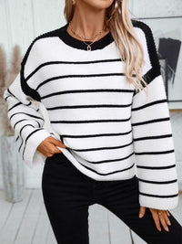 Thumbnail for Striped Round Neck Long Sleeve Sweater - T - 2 COLORS -