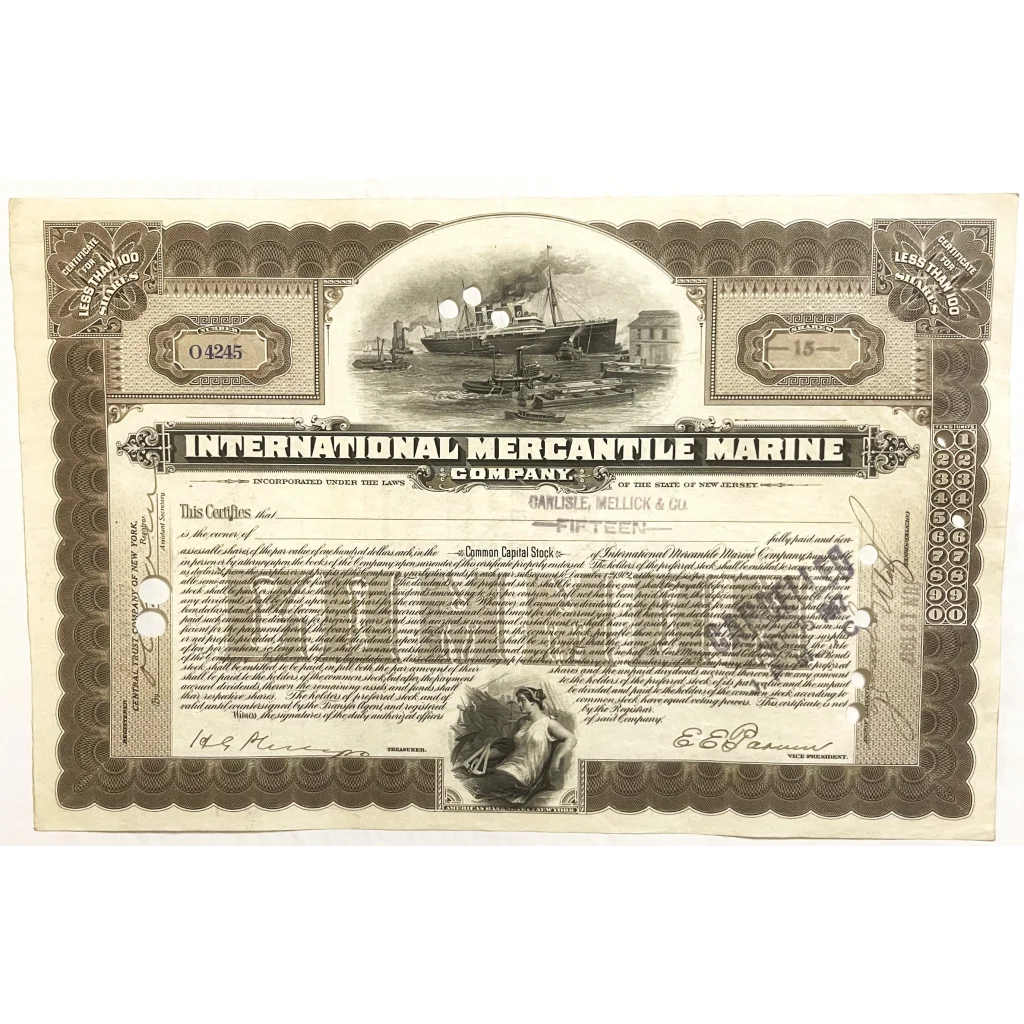 Antique 1910s - 1920s Titanic International Mercantile Marine Stock Certificate - Brown