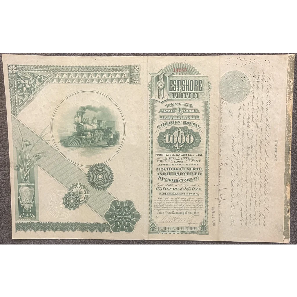 Antique 1885 West Shore Railroad Company Gold Bond Certificate