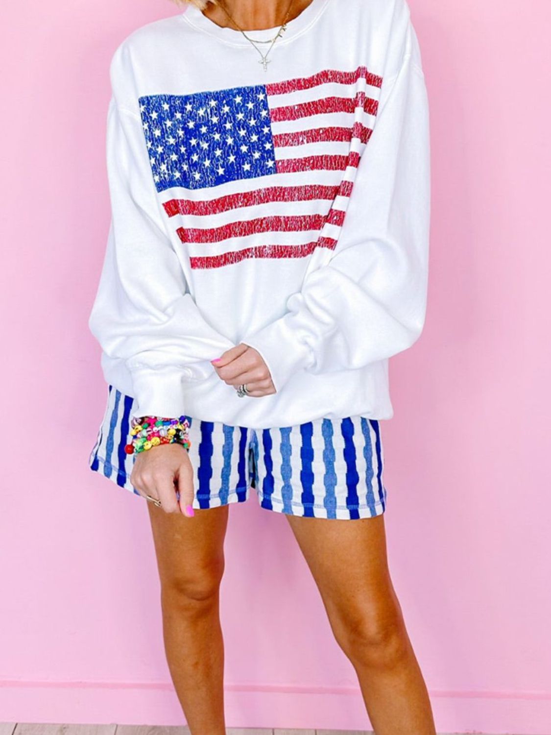 US Flag Round Neck Long Sleeve Sweatshirt - T - 1 COLOR -