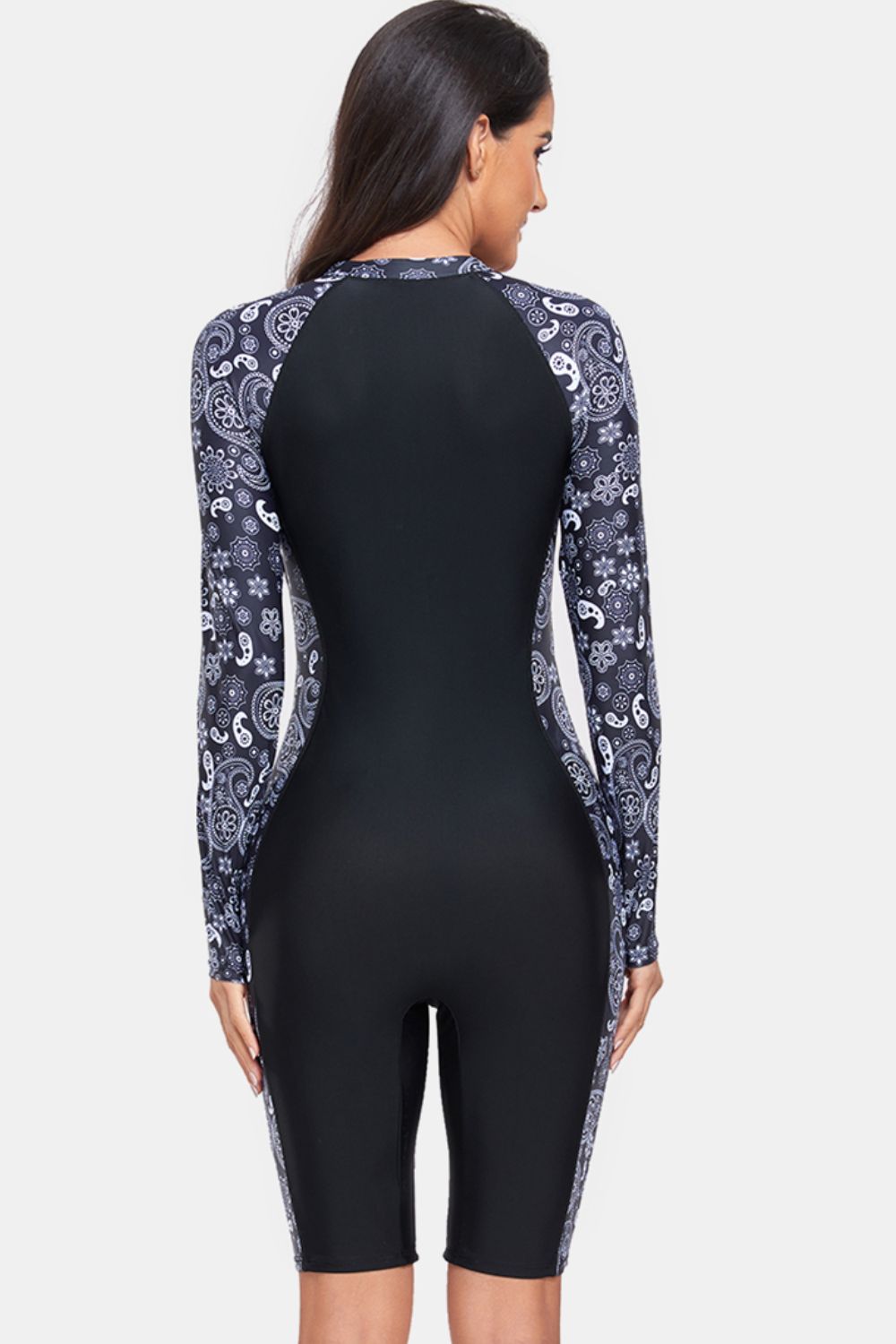 Printed Half Zip Long Sleeve One-Piece Swimwear - T - 1 COLOR -