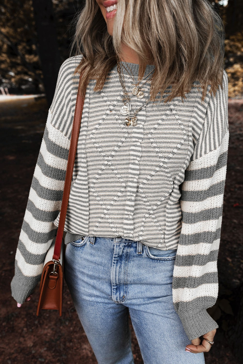 Striped Round Neck Long Sleeve Sweater - T - 1 COLOR -