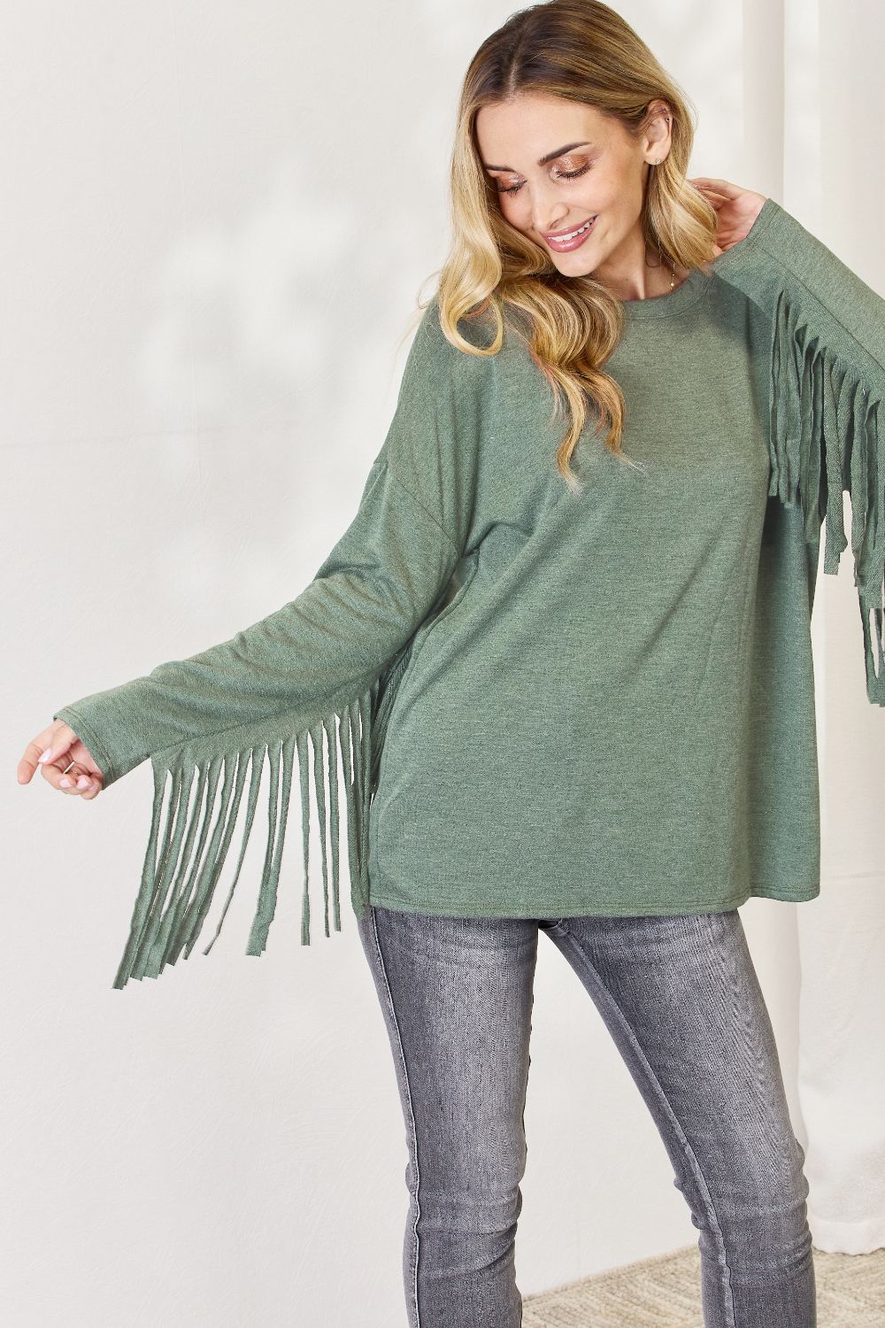 Celeste Full Size Fringe Detail Long Sleeve Top - SIZES S THRU 3XL - T - 1 COLOR -