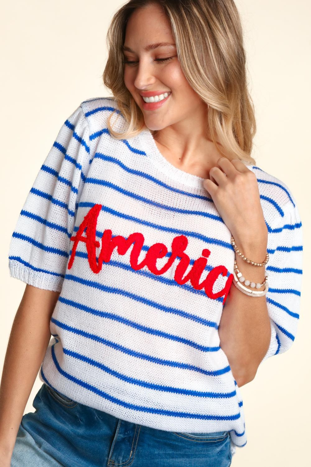 Haptics Letter Embroidery Striped Knit Top - T - 1 COLOR -