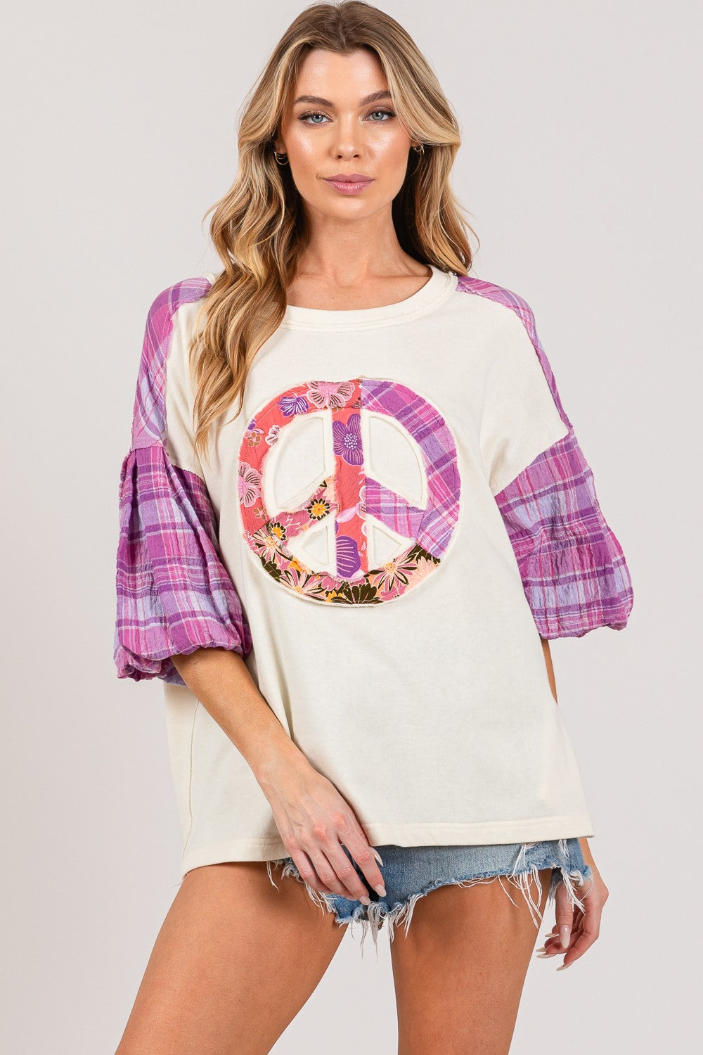 SAGE + FIG Full Size Peace Applique Patch with Plaid Contrast Top - T - 1 COLOR -