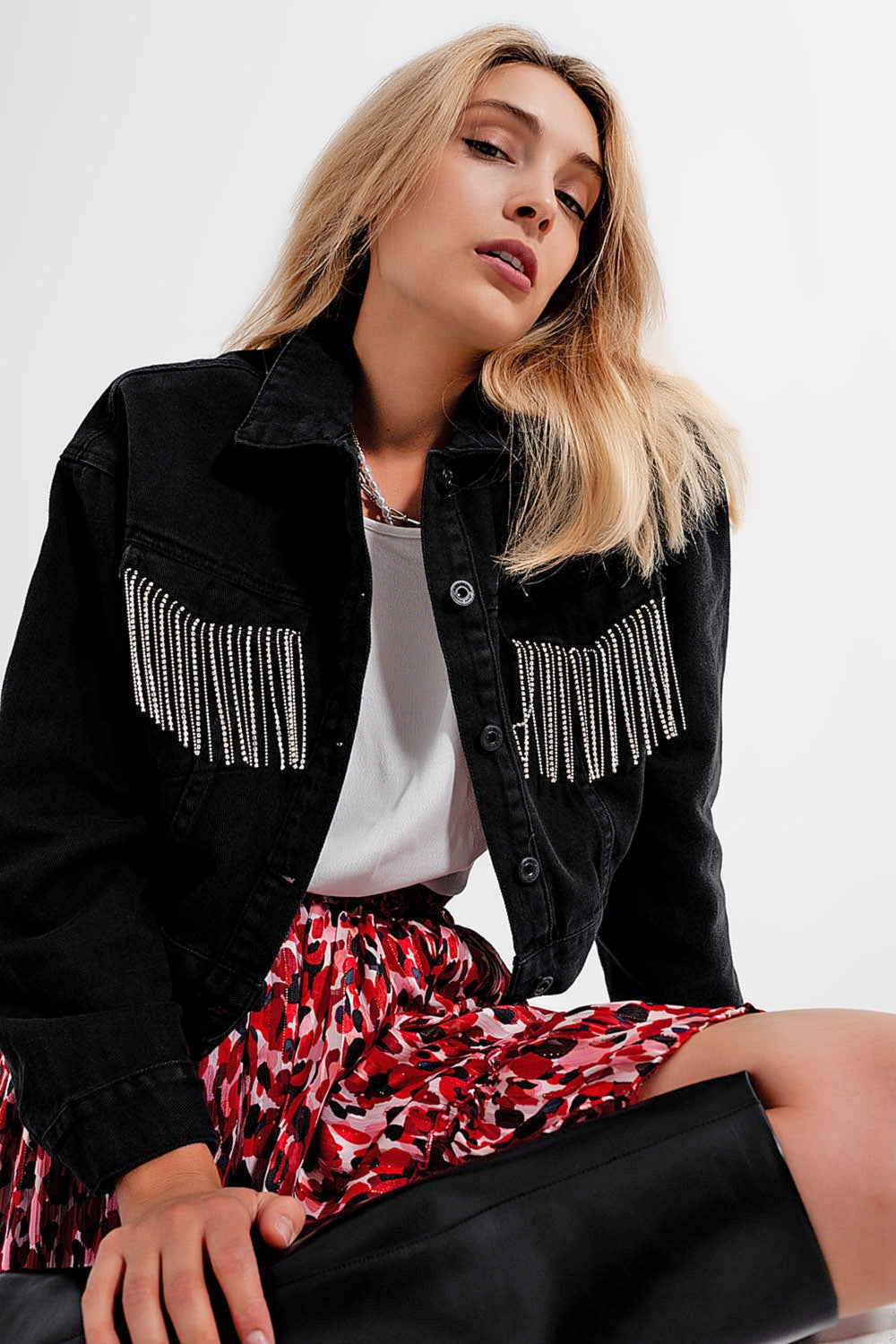 Q2 - Black Denim Jacket With Strass Fringing - 1 COLOR -