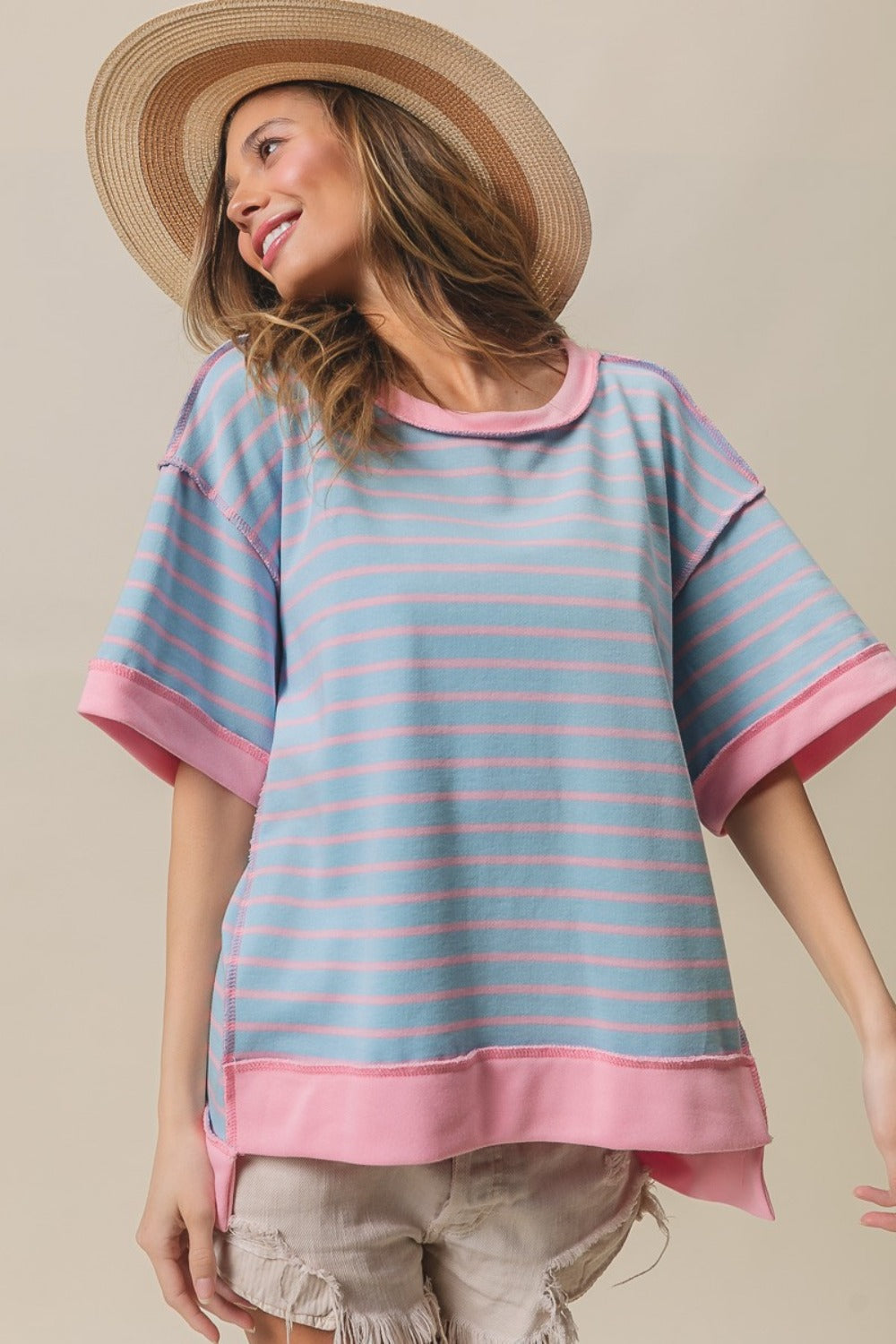 BiBi Exposed Seam Stripe Contrast T-Shirt - T - 1 COLOR -