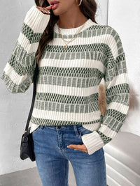 Thumbnail for Perfee Contrast Round Neck Long Sleeve Sweater - T - 1 COLOR -