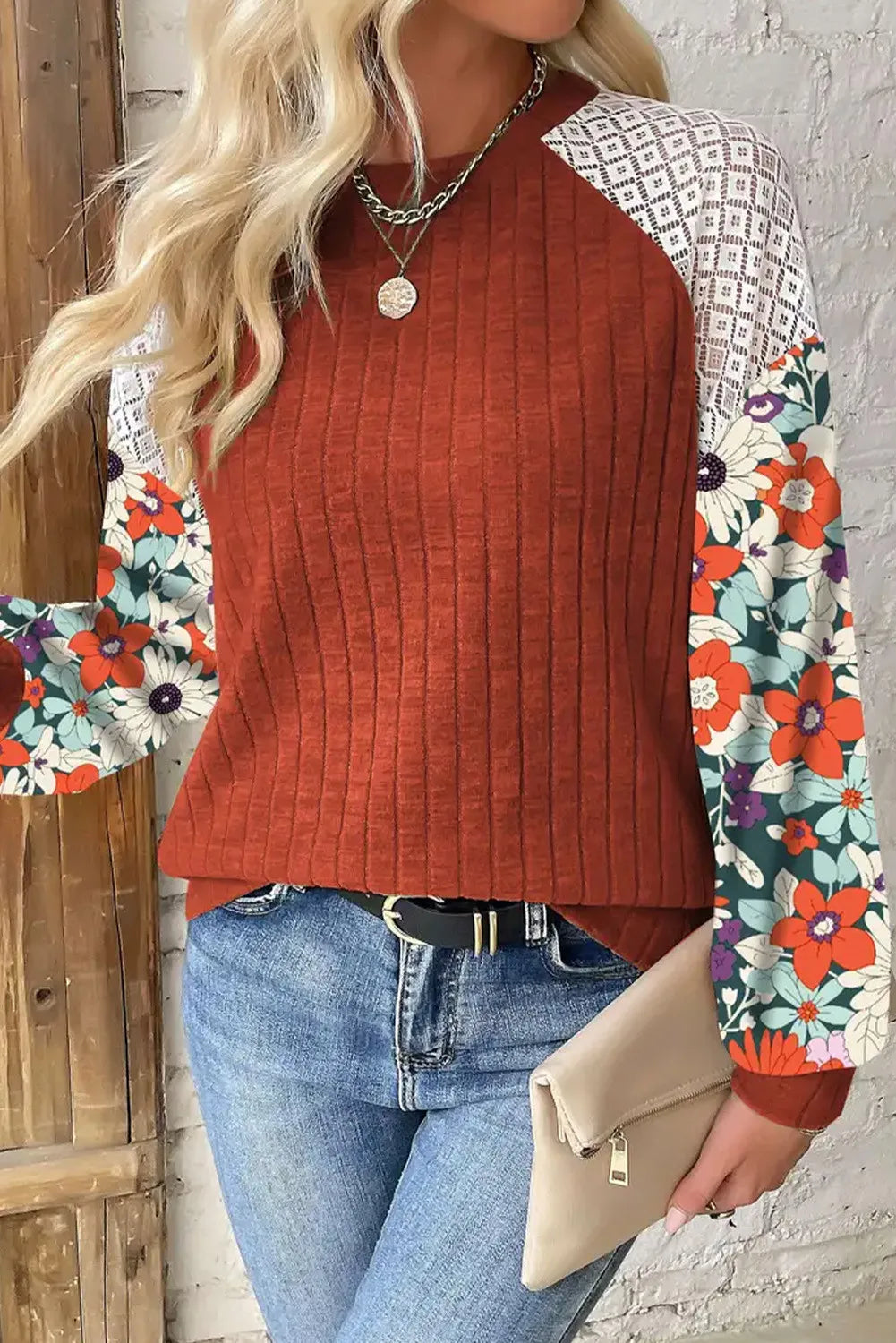 Printed Round Neck Long Sleeve Top - T - 3 COLORS -