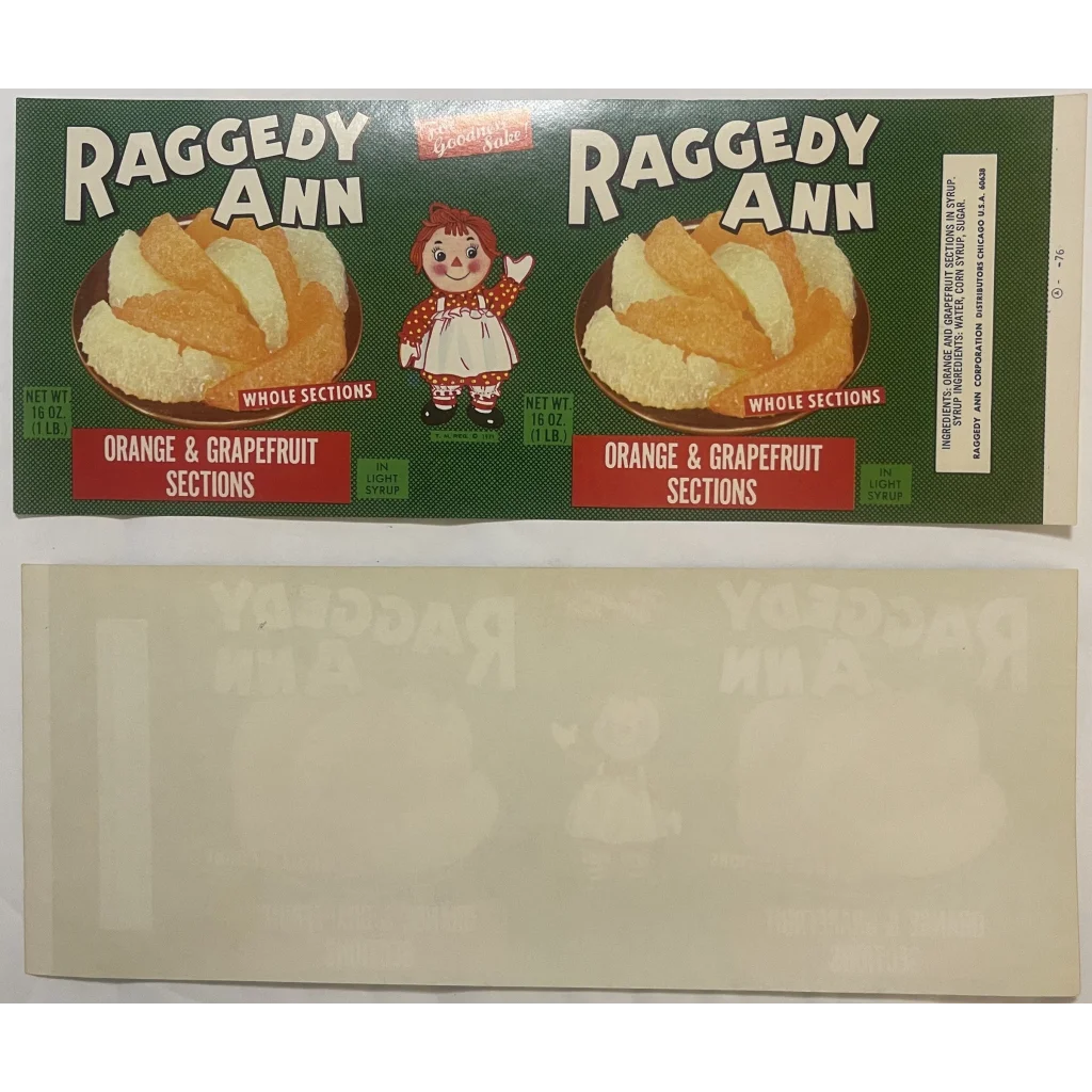 Vintage 1960s ⭐️ Raggedy Ann Can Label, Chicago, IL, American and Illinois Icon!