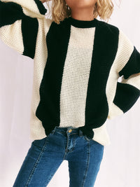 Thumbnail for Color Block Round Neck Long Sleeve Sweater - T - 2 COLORS -