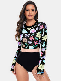 Thumbnail for Flower Round Neck Long Sleeve One-Piece Swimwear - T - 1 COLOR -