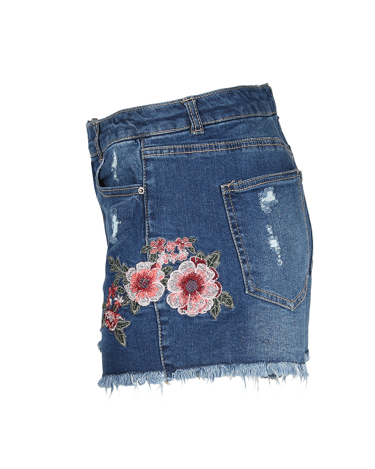 Mid Rise Distressed Floral Denim Shorts - 3 SIZES -