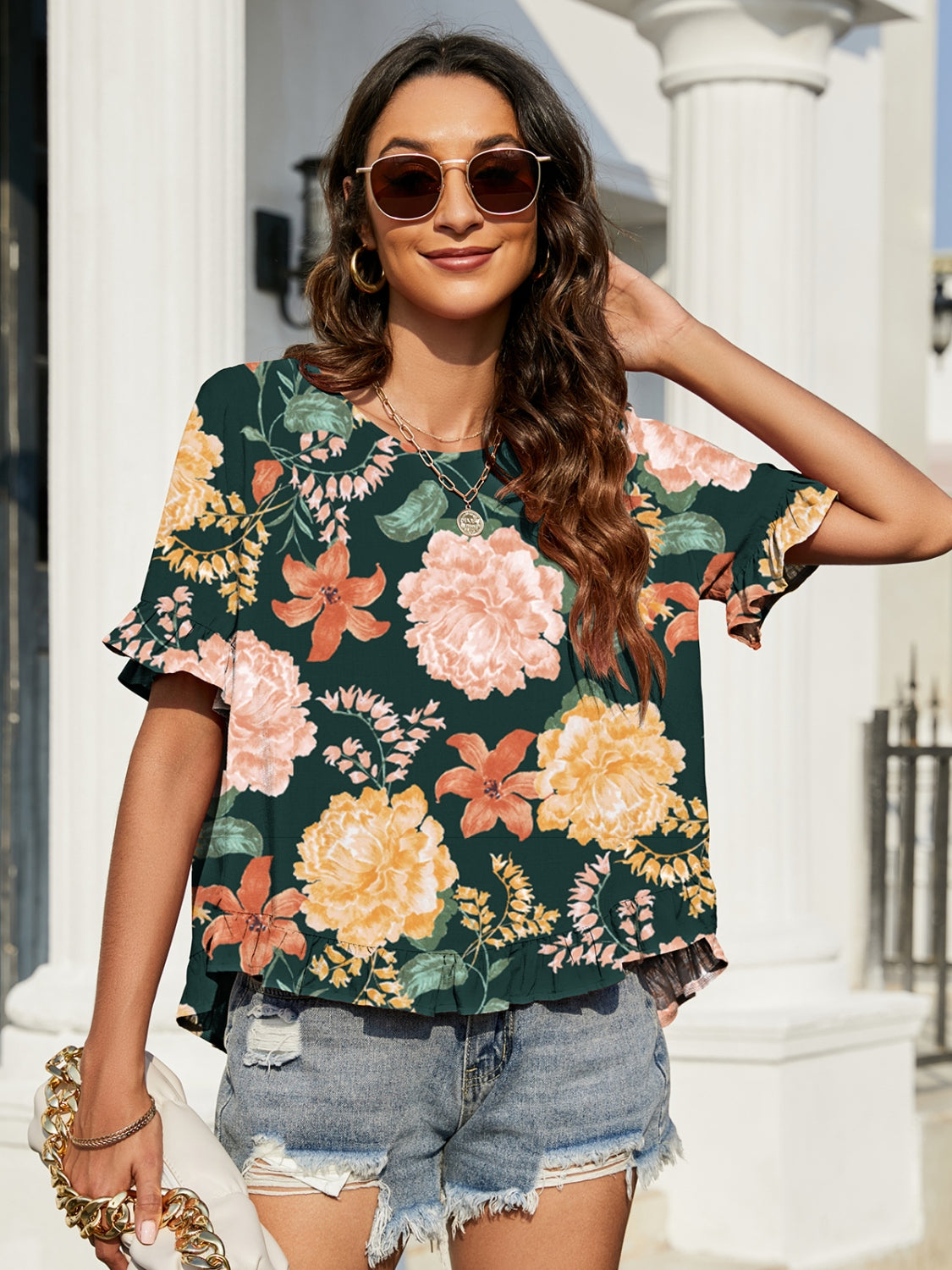 Double Take Floral Ruffled Short Sleeve Blouse - T - 1 COLOR -