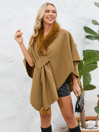 Thumbnail for Fuzzy Trim Open Front Poncho - ONE SIZE - T - 6 COLORS -