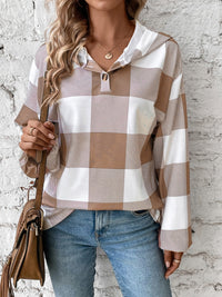 Thumbnail for Plaid Dropped Shoulder Long Sleeve Hoodie Top - T - 2 COLORS -