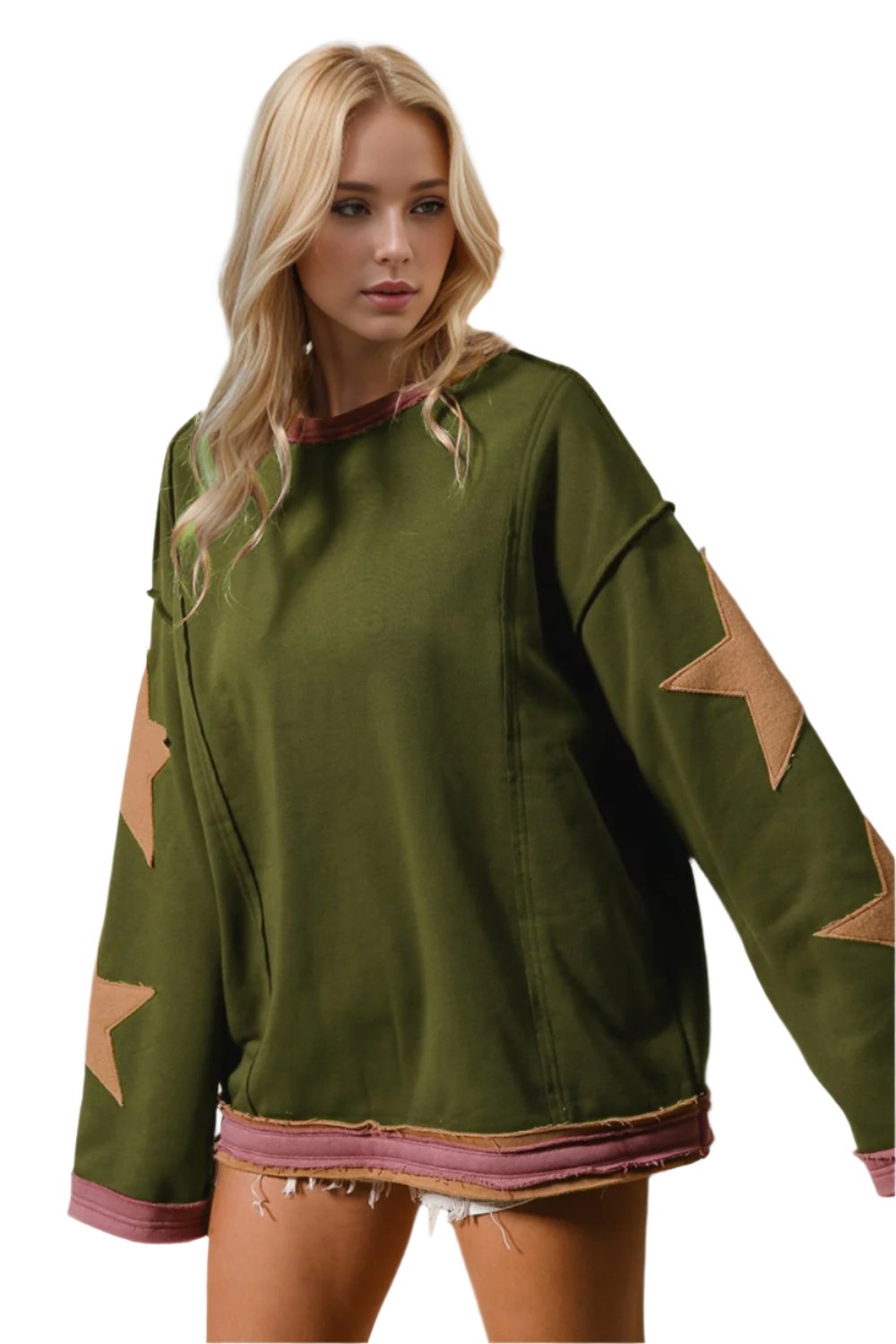 Double Take Star Patched Long Sleeve Sweatshirt - T - 3 COLORS -